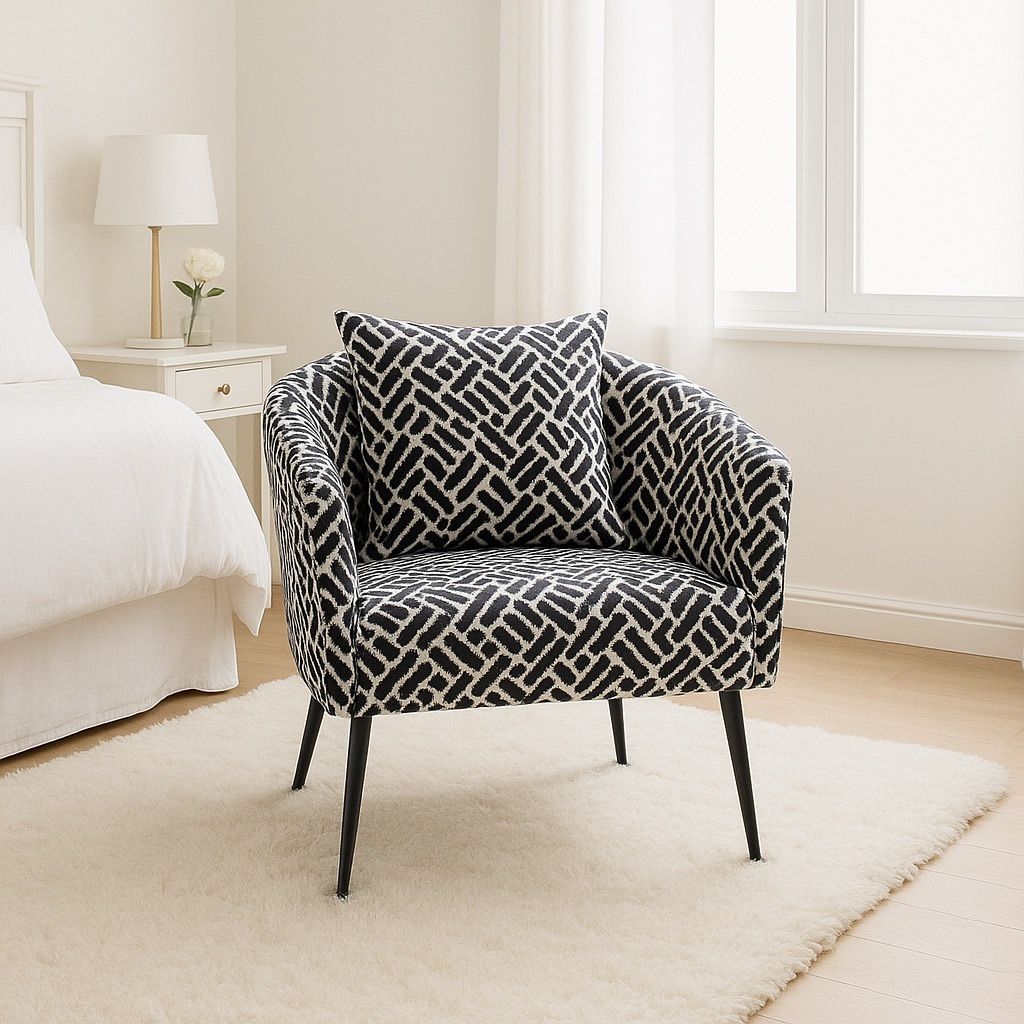 New Modern Barrel Accent Chair Geometric Stripe Fabric Armchair with Included Pillow & Sturdy Metal Legs Comfortable Seating for Living Room, Bedroom