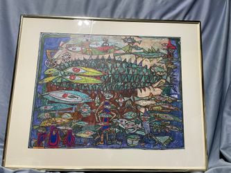 🎨 Colorful Hundertwasser Framed Art Print - "Eating Fishes & Bicyclists" (No. 114) 🖼️