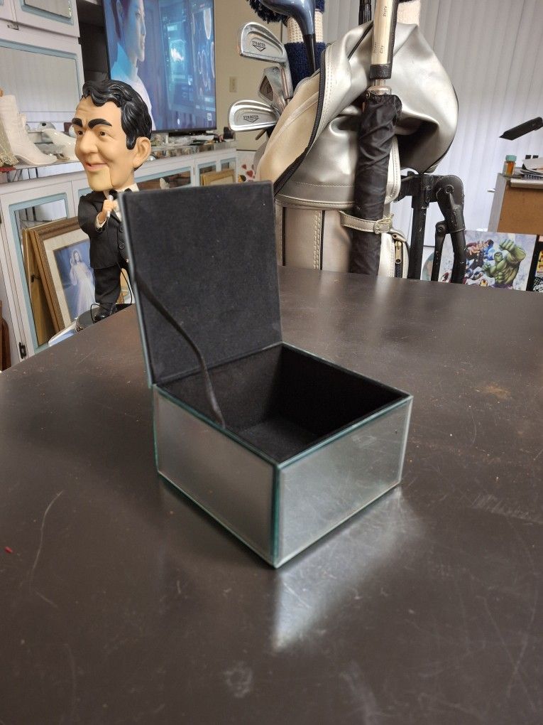 Jewelry Trinket Box Square With Beveled Mirror Glass With Black Velvet Inside 4 5/8" Square X 2 3/4" H