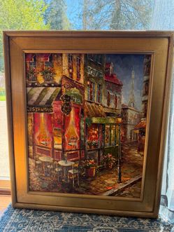Large Framed Paris Street Scene Oil Painting – Gold Frame