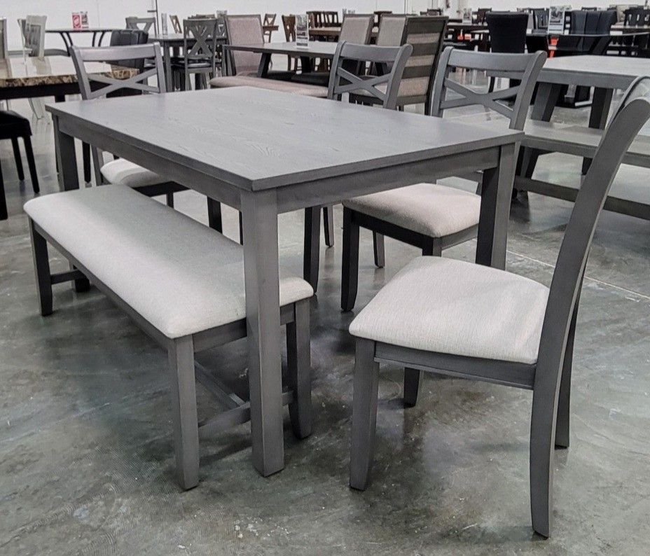 ✅️✅️ 6 pc grey finish wood dining table set padded seat chairs and bench ✅️