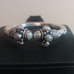Genuine Mother Of Pearl Sterling Silver Overlay  Bangle Bracelet 