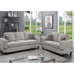 Sofa Loveseat Set In Mushroom Color Brand New In Box Firm Price $560 Soft Fabric 4 Pillows Included