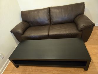Brown Leather Sofa + Black Coffee Table – Great Living Room Set