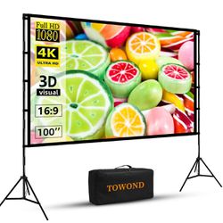 Projector Screen with Stand, Towond 100 inch Outdoor Projector Screen Portable Indoor Projection Screen 16:9 4K Rear Front Movie Screen with Carry Bag