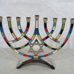 Artistic Mosaic 9 Branch Hanukkah Menorah Chrome Plated Metal
