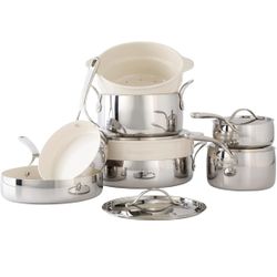 Bloomhouse 12 Piece Triply Stainless Steel Pots and Pans Cookware Set w/Non-Stick Non-Toxic Ceramic Interior, Ceramic Steamer Inserts, & 12 Protective