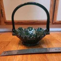 Vintage Fenton Spruce Green ruffled art glass basket