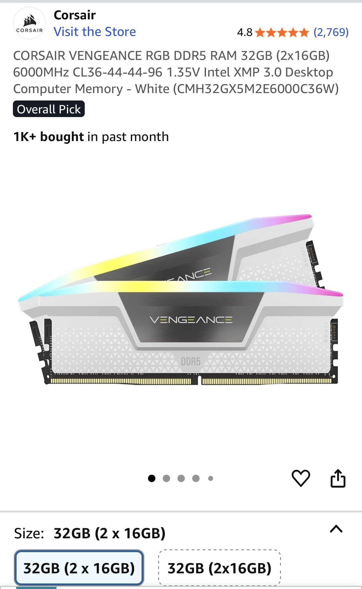 Corsair Vengeance RGB DDR5 RAM 32GB White