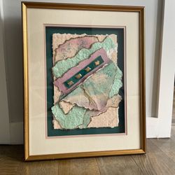 Original Authentic Framed Abstract Mixed Media Art Collage by Elaine Rose, Pastel Gold