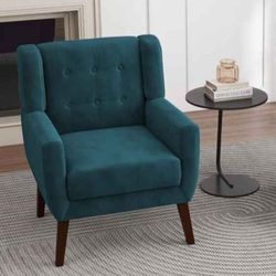  Velvet Upholstered Armchair for Living Room, Modern Club Arm Chairs Comfy Single Sofa Button Tufted Bedroom Reading Seat - Blu