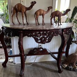 Consul Side Table Or Entryh Table Antique Mahogany Carved Top Marble Pink 