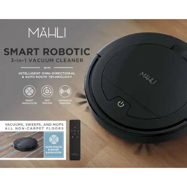 Mahli Smart Robotic 3-in-1 Vacuum Cleaner, Intelligent Omni-Directional and Auto-Route Technology, Pet Hair/Carpets/Hard Floors, Rechargeable BLACK