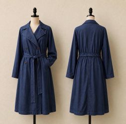 ON 34TH Blue Double Breasted Belted Long Trench Coat Office Classic Large