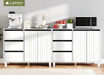 Set of 2 White Buffet Cabinet with Drawers - Fluted Wooden Storage Cabinets