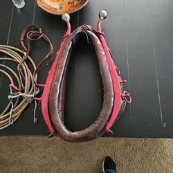 Vintage Leather Horse Collar Harness, Bit And Rope