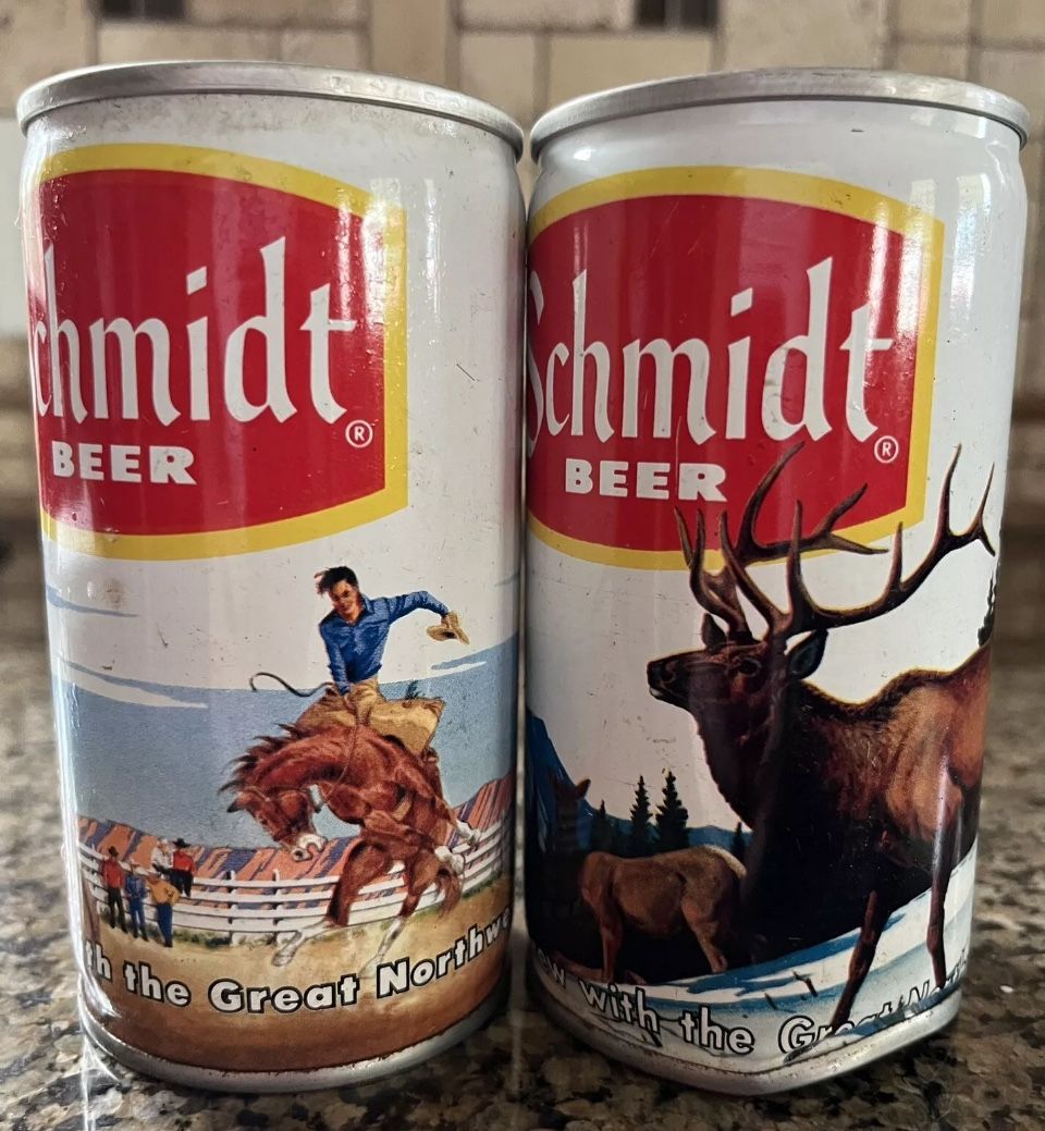 Schmidt Caribou And Cowboy Scene 2 Steel Pull Tab Empty Beer Cans.