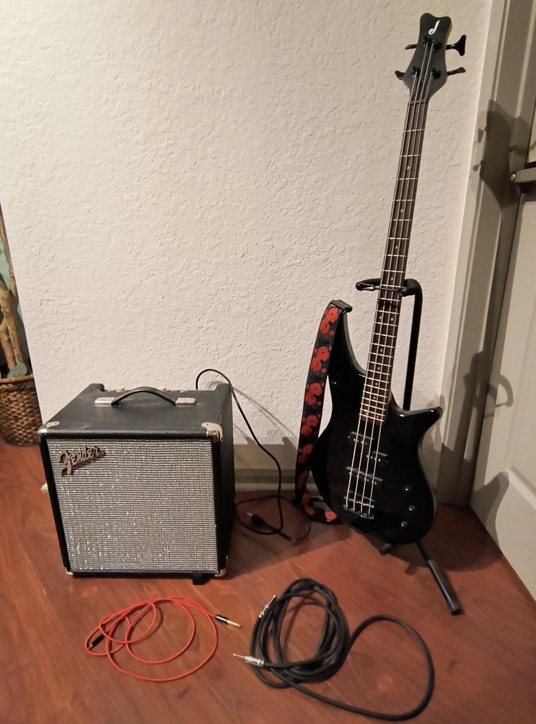 Jackson Bass Guitar, Fender Amplifier, Guitar Stand, Picks, Cables