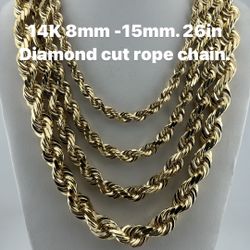 14K yellow gold  8mm-15mm 26in diamond cut rope chain. Re-stock