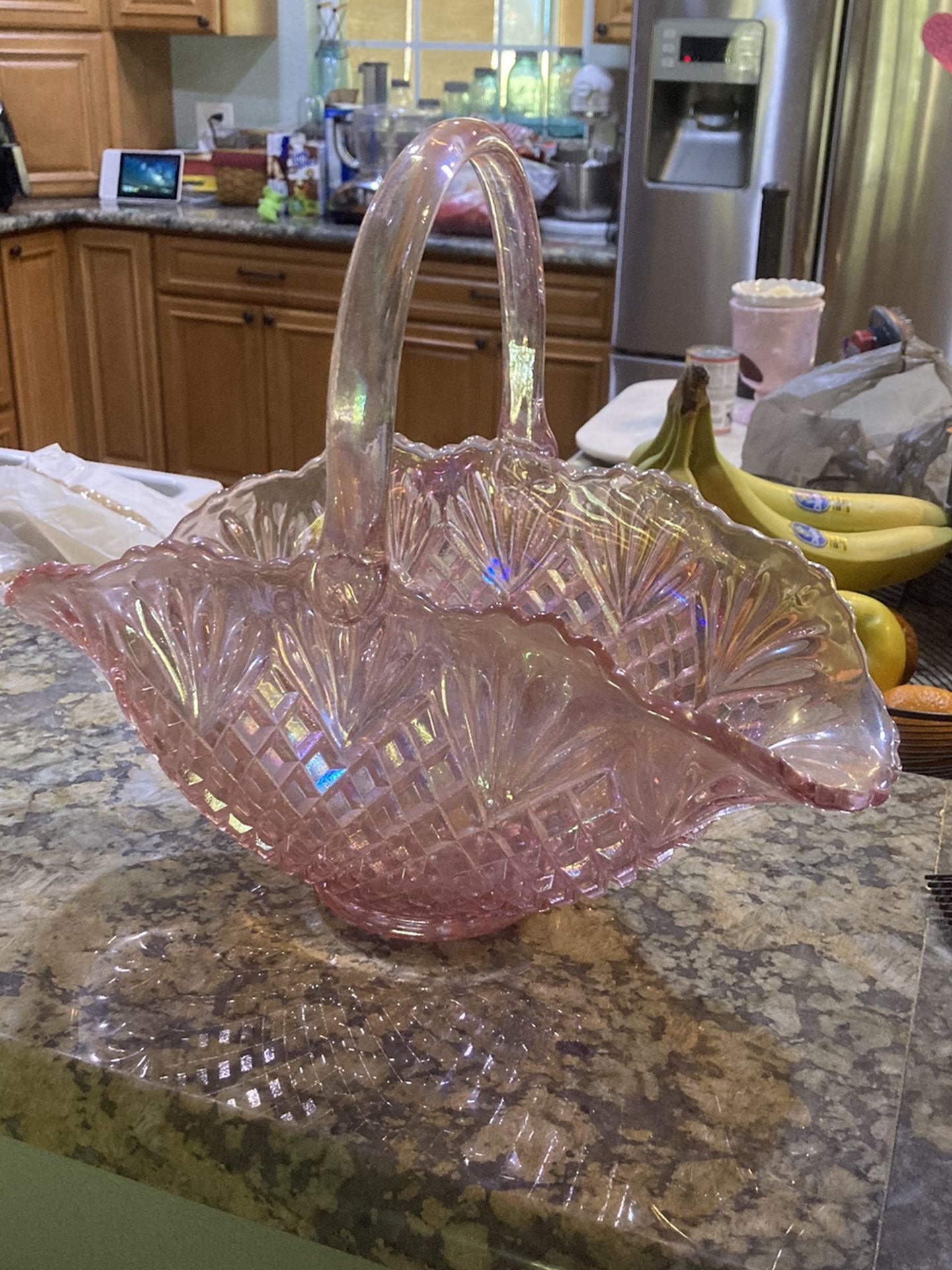 Glass Pink Iridescent basket Bowl