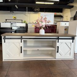 🔥Special Discount 🔥Farmhouse Modern Sliding Barn Door TV Stand  for TVs Up to 65 inch (White)  💰129$