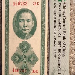 947 China – Central Bank of China’s 500 Customs Gold Units