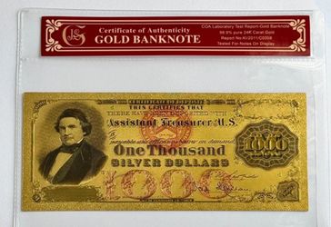1878 Silver Certificate 24K Gold-Foil Note. Protective Holder/ COA