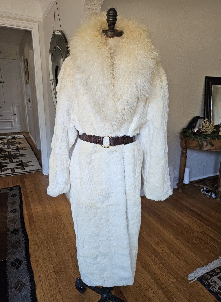 White Rabbit Fur Coat With Tibetan Lamb Collar Size L