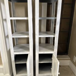 Set of 2 Used Distressed White Wood Shelves with Cabinet – Shabby Chic / Farmhouse Style