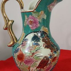 Vintage Chinese Pottery Pitcher Enameled Birds;made in China;9" Tall.
