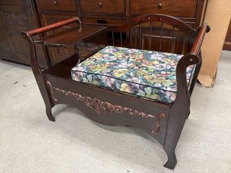 Dark Red Carved Wood Telephone Bench w/ Storage Seat