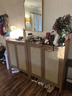 Set of 2 Rattan Shoe Cabinets – Reclaimed Caramel Oak – Entryway Storage