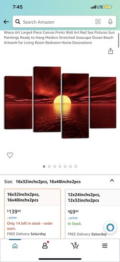 Wieco Art Large4 Piece Canvas Prints Wall Art Red Sea Pictures Sun Paintings Ready to Hang Modern Stretched Seascape Ocean Beach Artwork for Living Ro