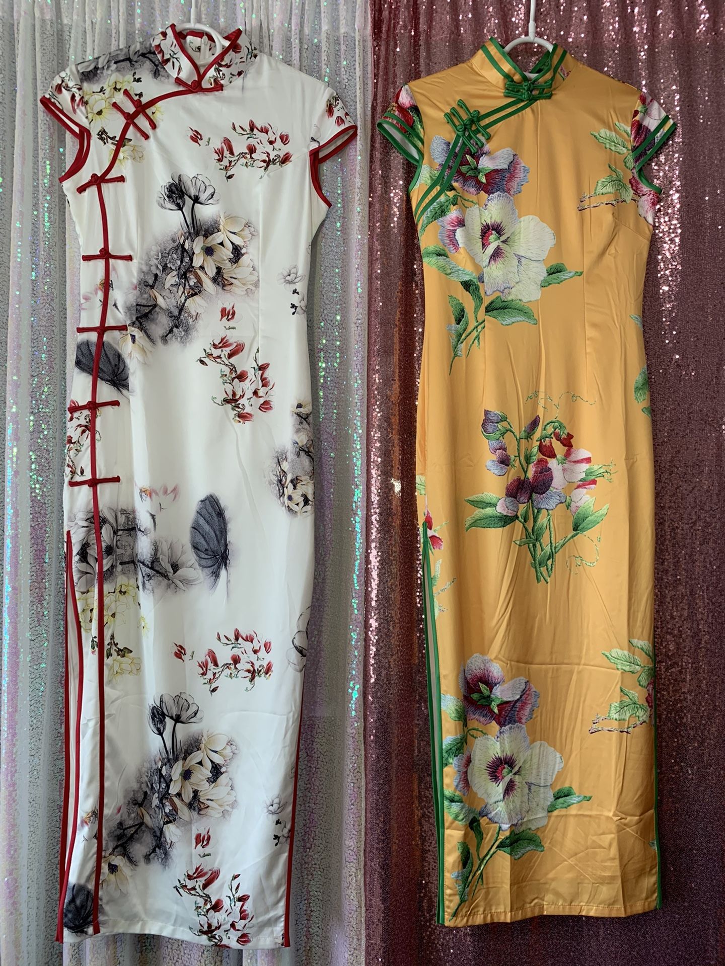 Silk Cheongsam Dress . Yellow /White 