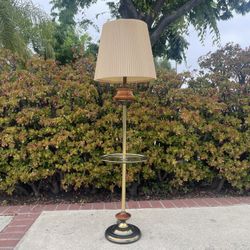 Vintage MCM Wood And Brass Tall Table Lamp