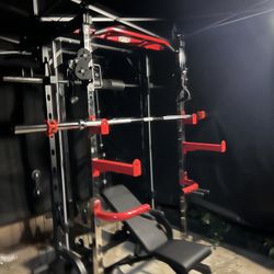 FREE DELIVERY 💥NEW !! SMITH MACHINE 💥WEIGHTS INCLUDED✅ BENCH✅7ft BARBELL✅245lbs Cast Iron Weight Set ✅💥