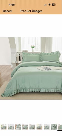 Green California King Comforter Set, 3 Pieces Shabby Chic Bedding Ruffle Solid Cal King Bedding Sets, Oversized All-Season Soft Lightweight Down Alter