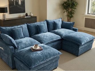 Blue Velvet Oversized Sectional Sofa with Ottomans