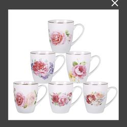 Porcelain Floral Tea Cup Set Rose Peony Cups Coffee Mugs For Women Latte Cups Set Of 6