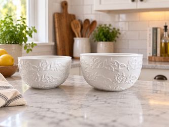 Set of 2 White Embossed Ceramic Bowls