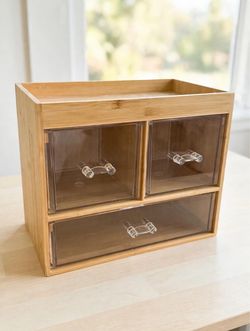 Brand New Bamboo Makeup Organizer 3 Clear Drawer Vanity Storage