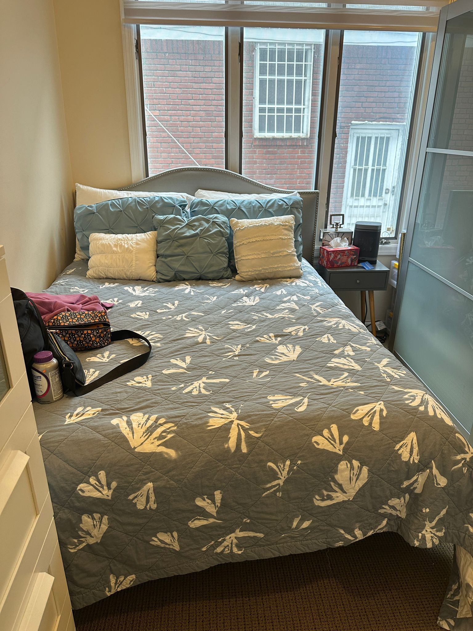 Queen bed with nightstand and mattress