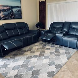 Beautiful Brand New Rich Blue Dual Reclining Sofa And Loveseat 