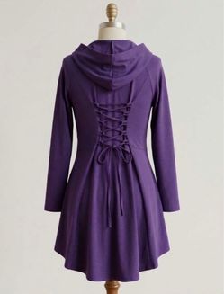 Purple Hooded Lace-Up Back Skater Dress