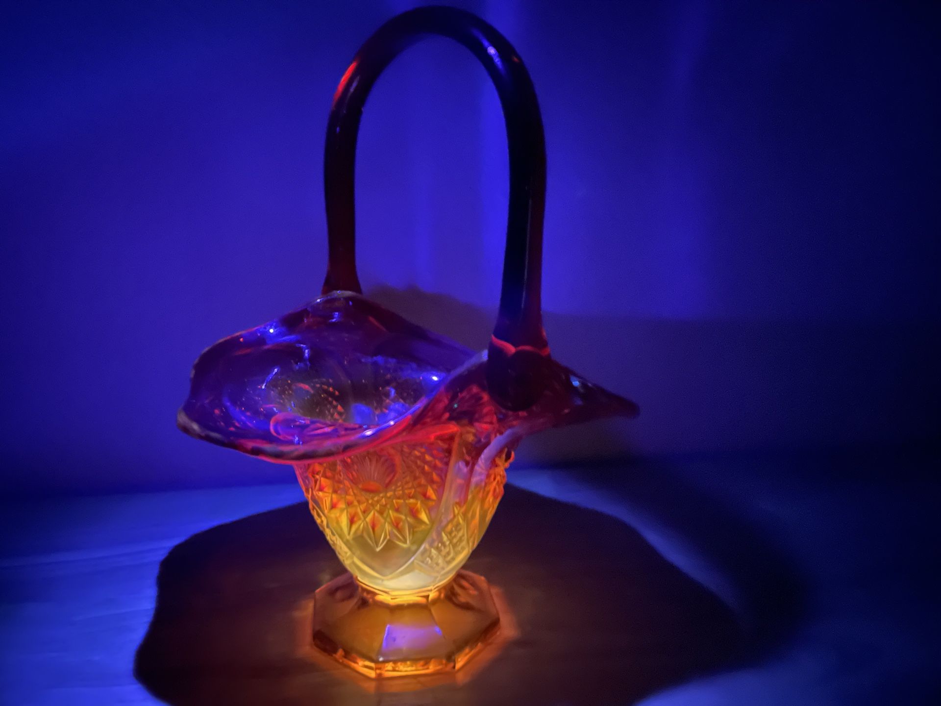Vintage Fenton Cadmium Amberina Iridescent Carnival Red Orange Seashell Hobstar Glass Basket 