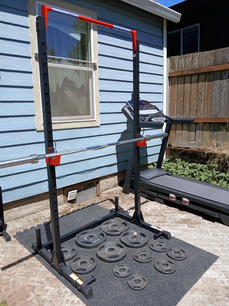 Home Gym / Squat Rack, Weights, Barbell And Bowflex 5.1S Adjustable Bench