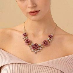 Romantic Rose Flower Crystal Pendant Necklace Pink Rhinestone Floral Statement Jewelry 43+8cm