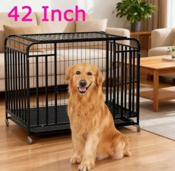 42"Dog Kennel for Large Dogs,Heavy Duty Dog Crate Cage with 4 Lockable Wheels, Removable Door, Dog Kennel Indoor&Outdoor, Easy to Clean, Removable Tra