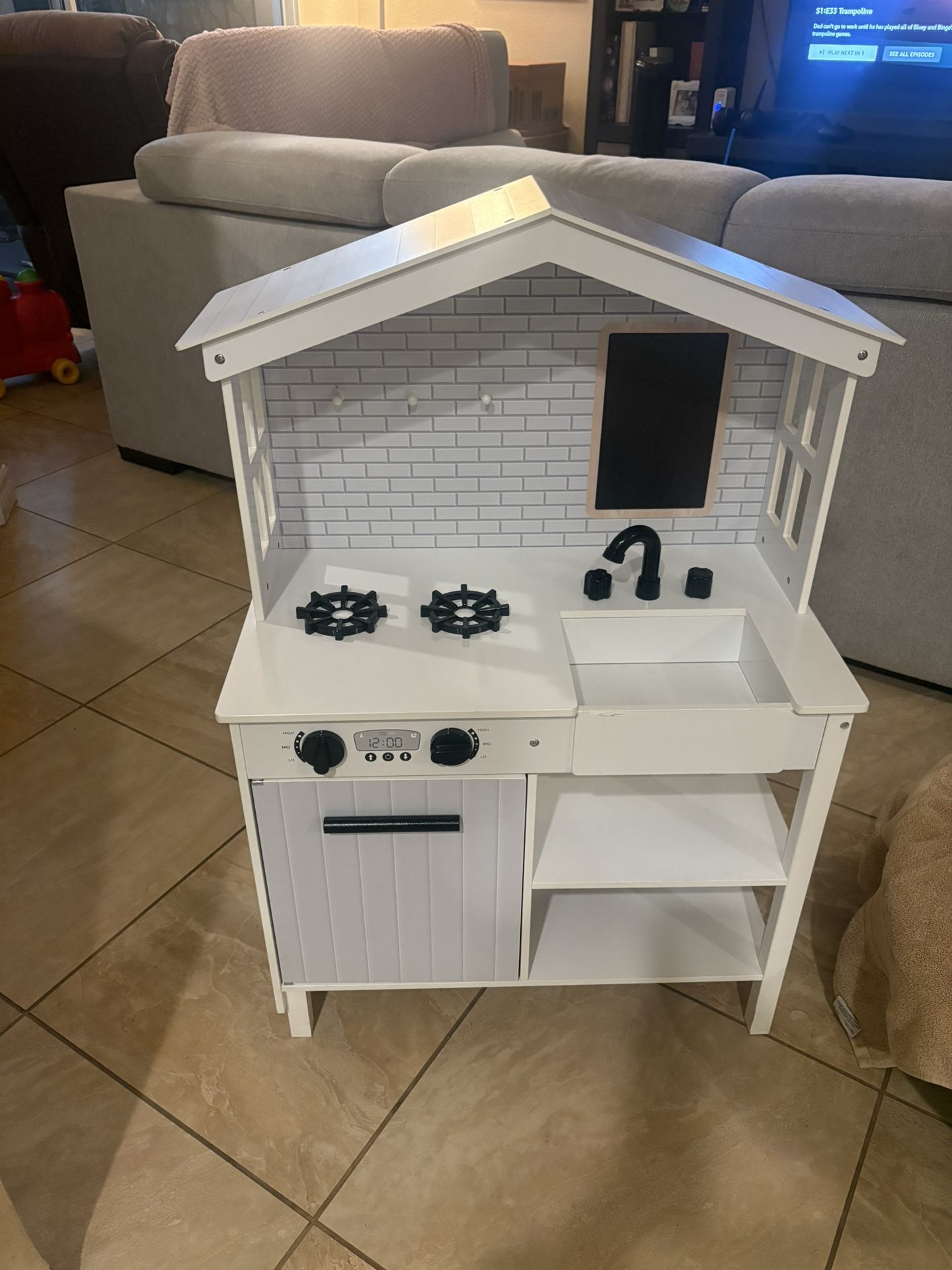 Best Choice Products Farmhouse Play Kitchen Toy for Kids w/ Chalkboard, Storage Shelves, 5 Accessories