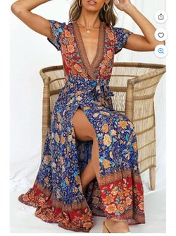 Bohemian Floral Printed W rap V Neck Short Sleeve Split Beach Party Maxi Dress size S